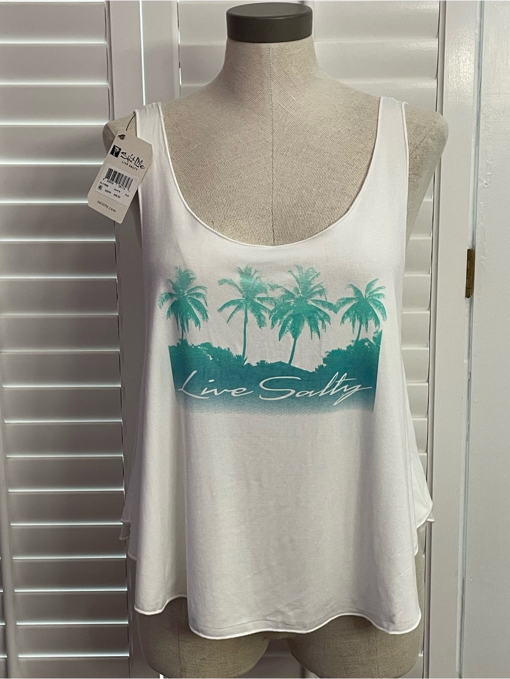 Salt Life White Tank Top with Teal Palm Graphic “Live Salty”